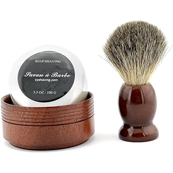 Brocha de afeitar de pelo de tejón puro, tazón de taza de madera Natural, juego de barbero de jabón hecho a mano