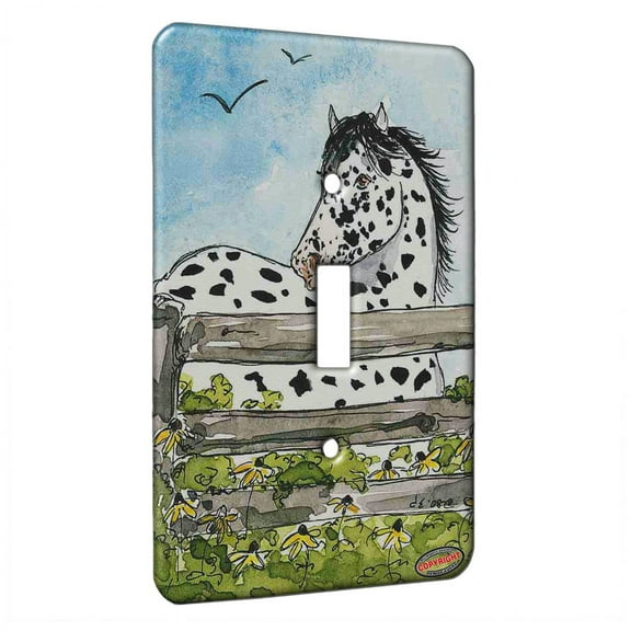 KuzmarK™ Single Gang Toggle Switch Wall Plate - Black Leopard Appaloosa Horse Art by Denise Every