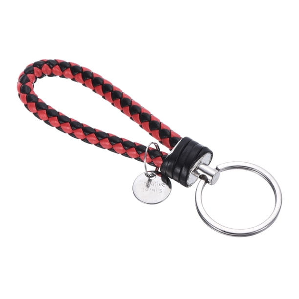 Llavero de cuero trenzado con funda de anillo de acero inoxidable, cordón de muñeca tejido de PU, rojo negro