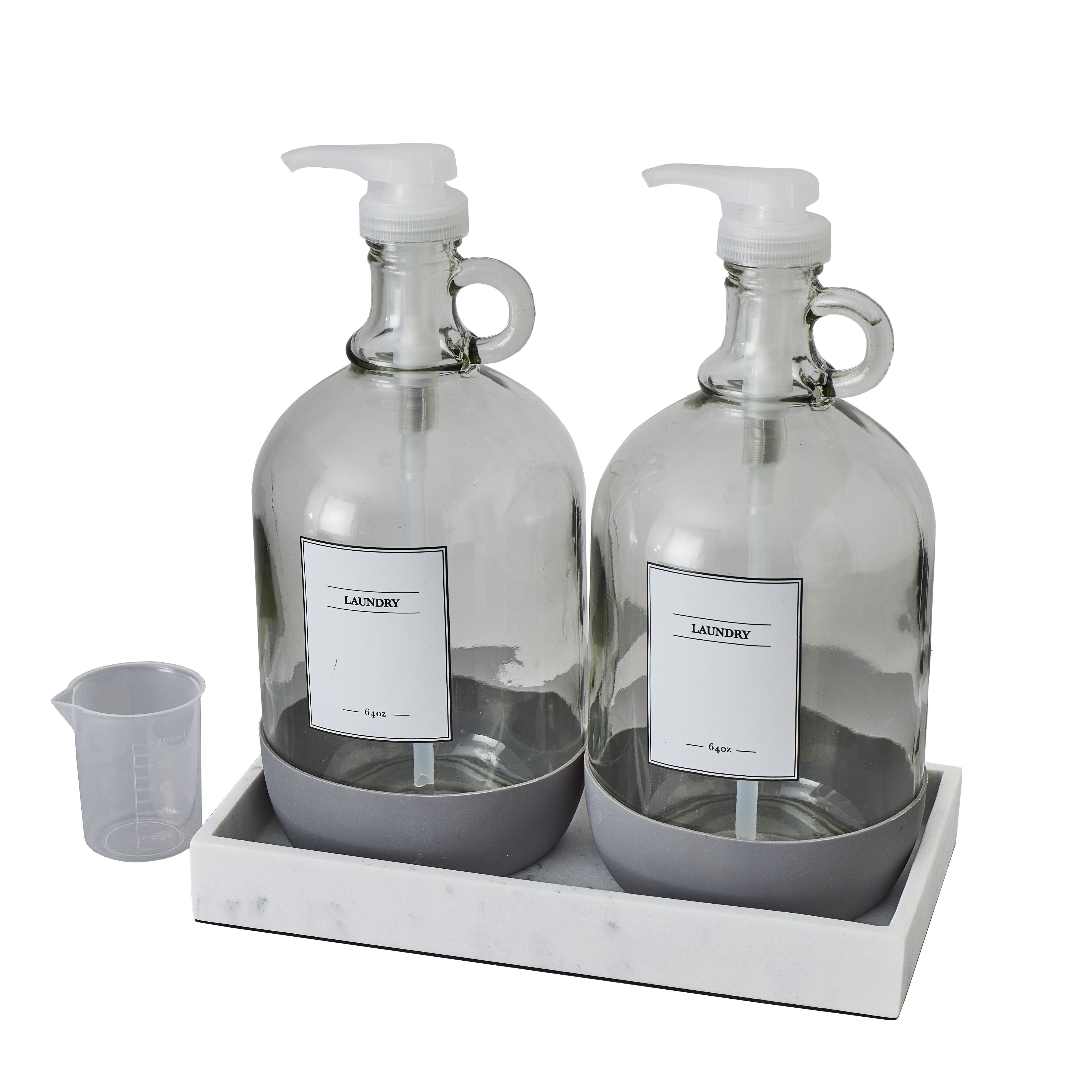 (2 pack) Better Homes & Gardens Laundry Detergent Dispenser Set with Tray and Measuring Cup, Clear & White, 128 oz, 2-Pack