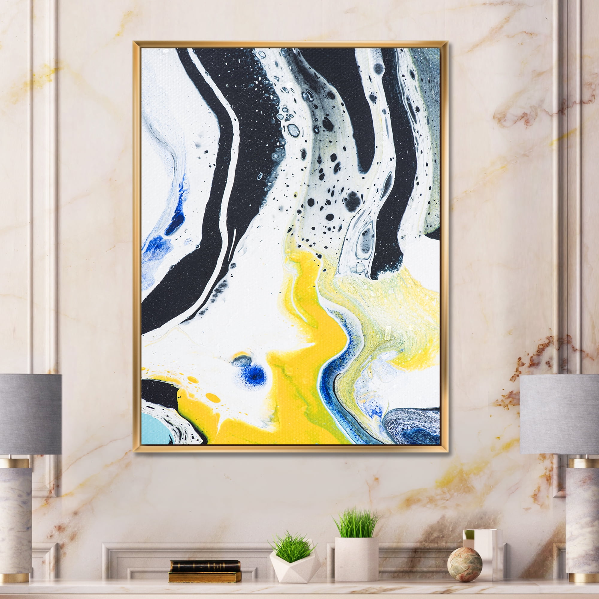 Abstract Marble Composition In Blue and Yellow IV 12 in x 20 in Framed Painting Canvas Art Print, by Designart