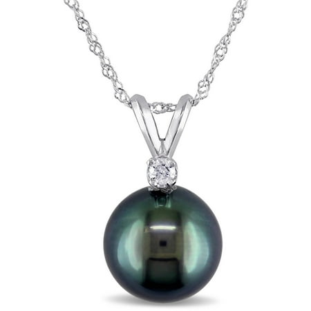 8-9mm Black Round Tahitian Pearl and Diamond-Accent 14kt White Gold Fashion Pendant, 17