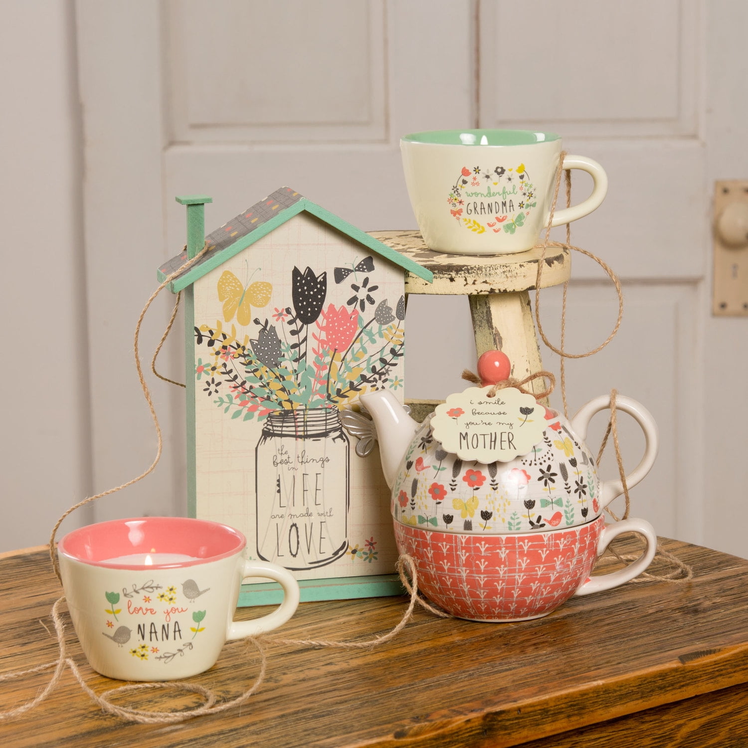 Pavilion Teal Ceramic Floral Teacup Candle Pavilion Gift Company 74091 Wonderful Grandma