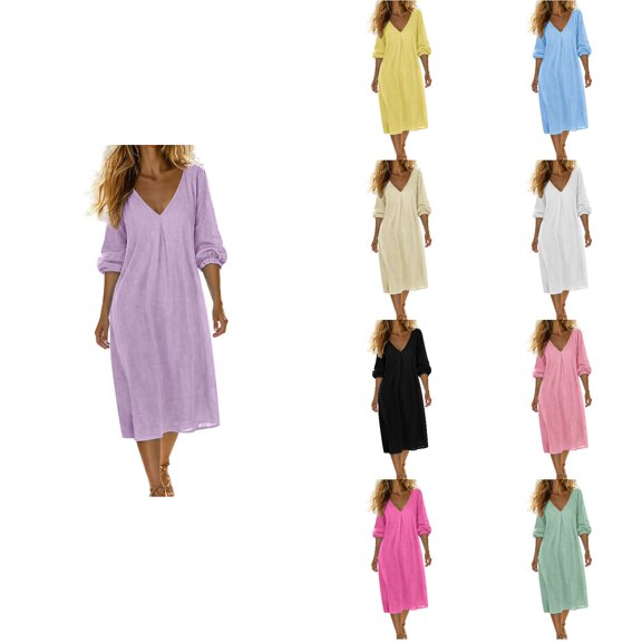Antinious Ladies Summer V-Neck 3/4 Sleeve Breathable Loose Casual Knee-High Holiday Dresses