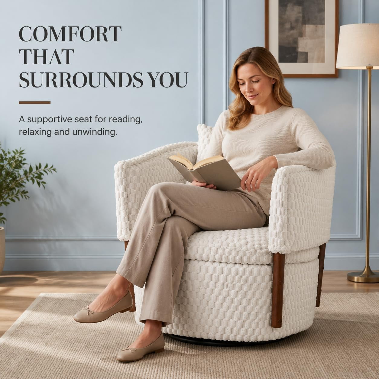 MOONIMSS 360°Swivel Accent Chair, Corduroy Vanity Chair with Storage,Beige