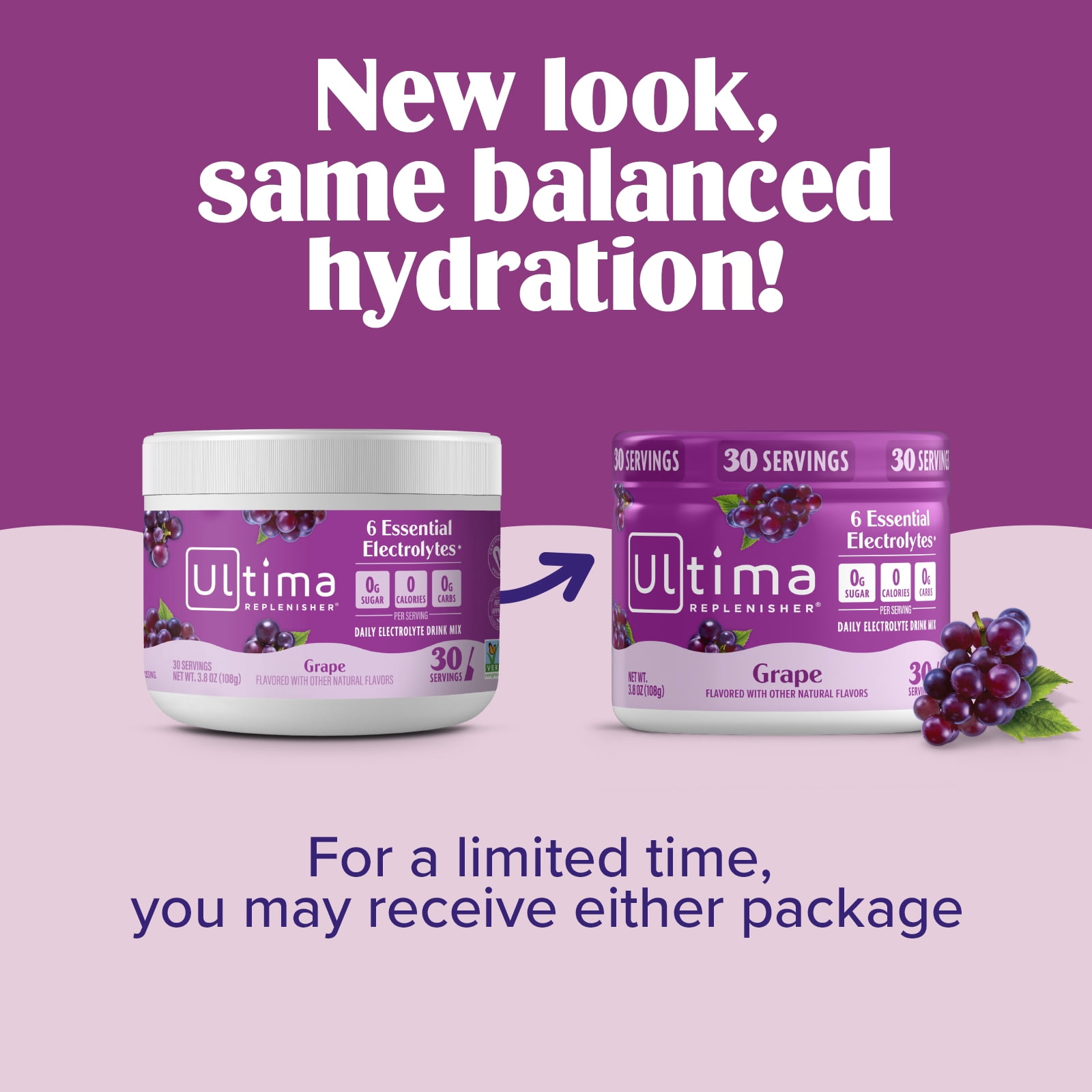 Ultima Replenisher Hydration Electrolyte Powder Drink Mix, Keto, Sugar-Free Grape, 30 Servings