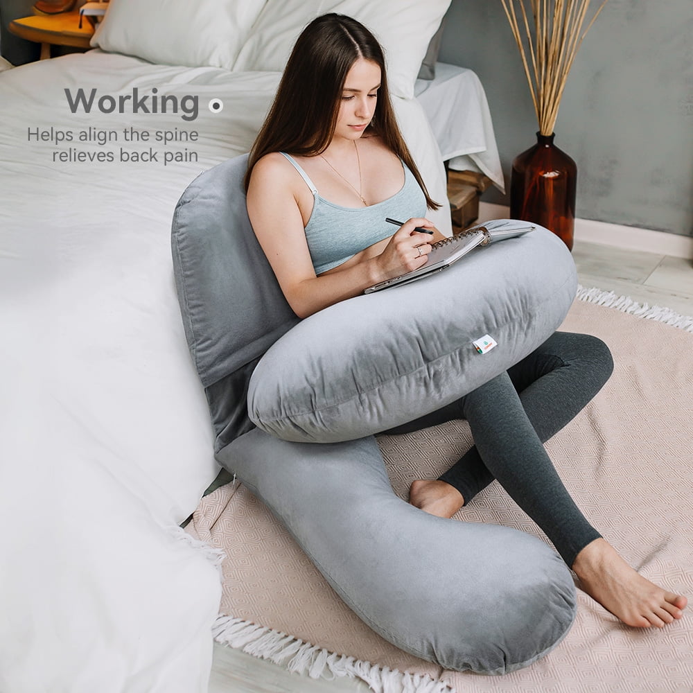 Pregnancy Pillow, Caveen Full Body Maternity Pillow for Side Sleeping, with Adjustable Wedge Pillow and Velvet Cover, Washable, Grey
