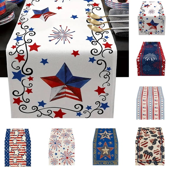 Nkmbld Independence Day Table Runner, 13x72 Inch Vintage Stripes Star Table Runners Decorations Linen Table Cloth for Home Kitchen Patriotic Decoration