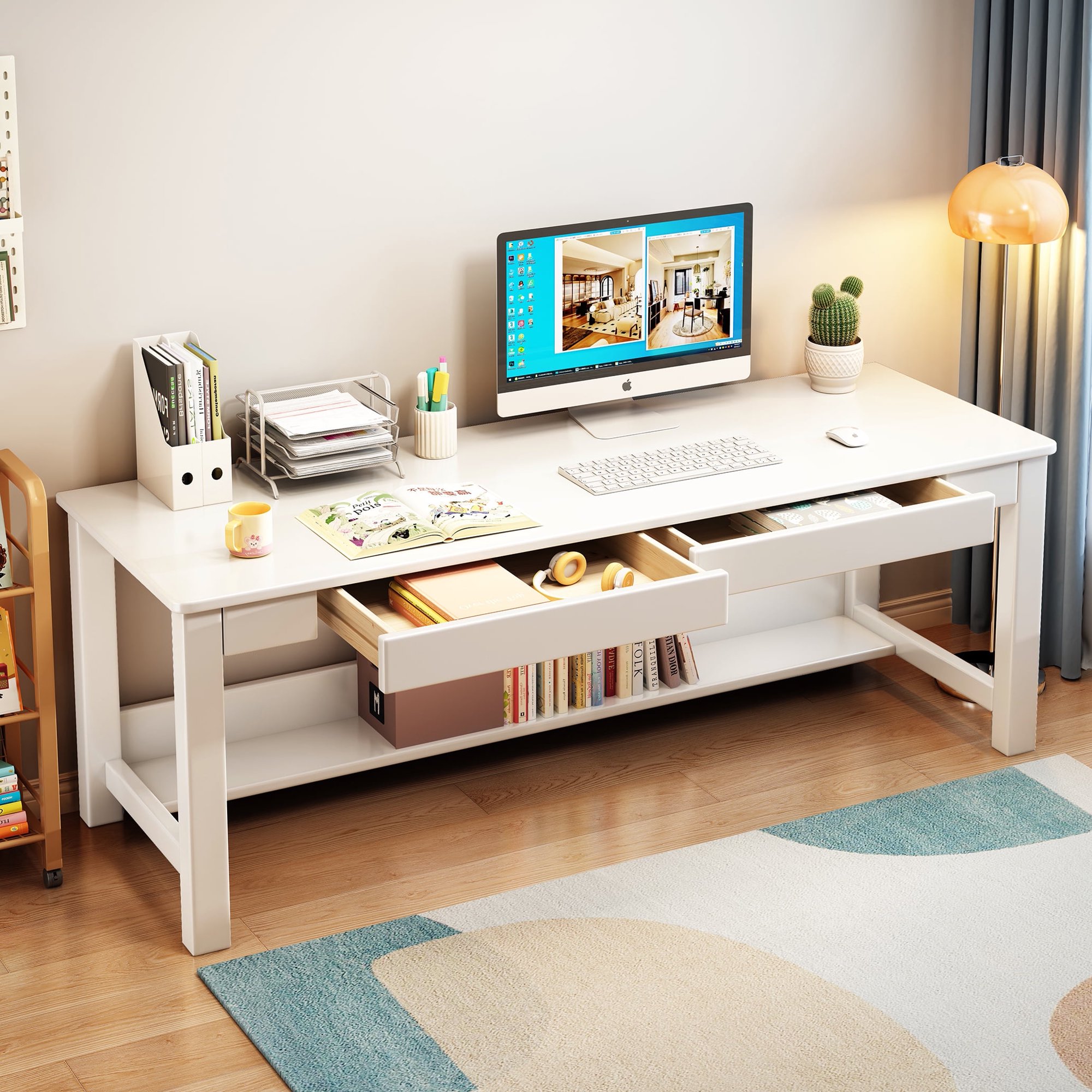 BALANBO 63" Solid Wood Kids Desk , Writing Desk with Drawers for Kids, Kids Computer Table, White