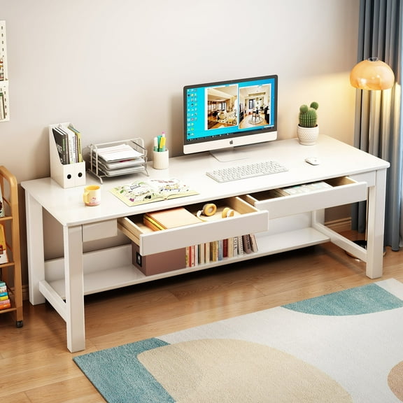 BALANBO 63" Solid Wood Kids Desk , Writing Desk with Drawers for Kids, Kids Computer Table, White