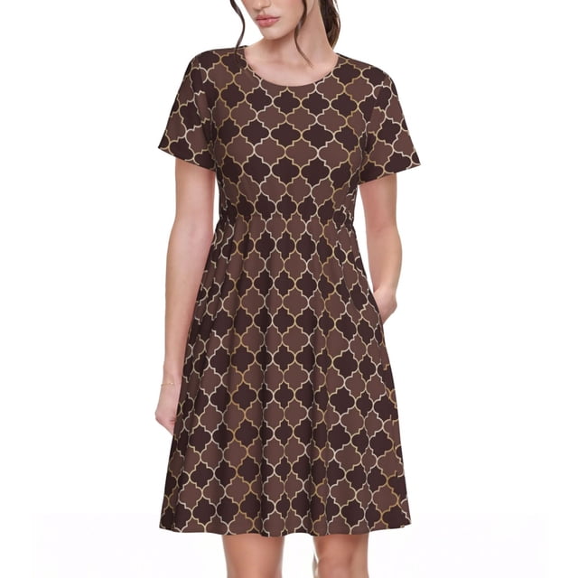 Easygdp Brown Gold Grid para Vestido Transpirable de Mujer, Vestido Suelto de Manga Corta con Pliegues y Bolsillos para el Verano