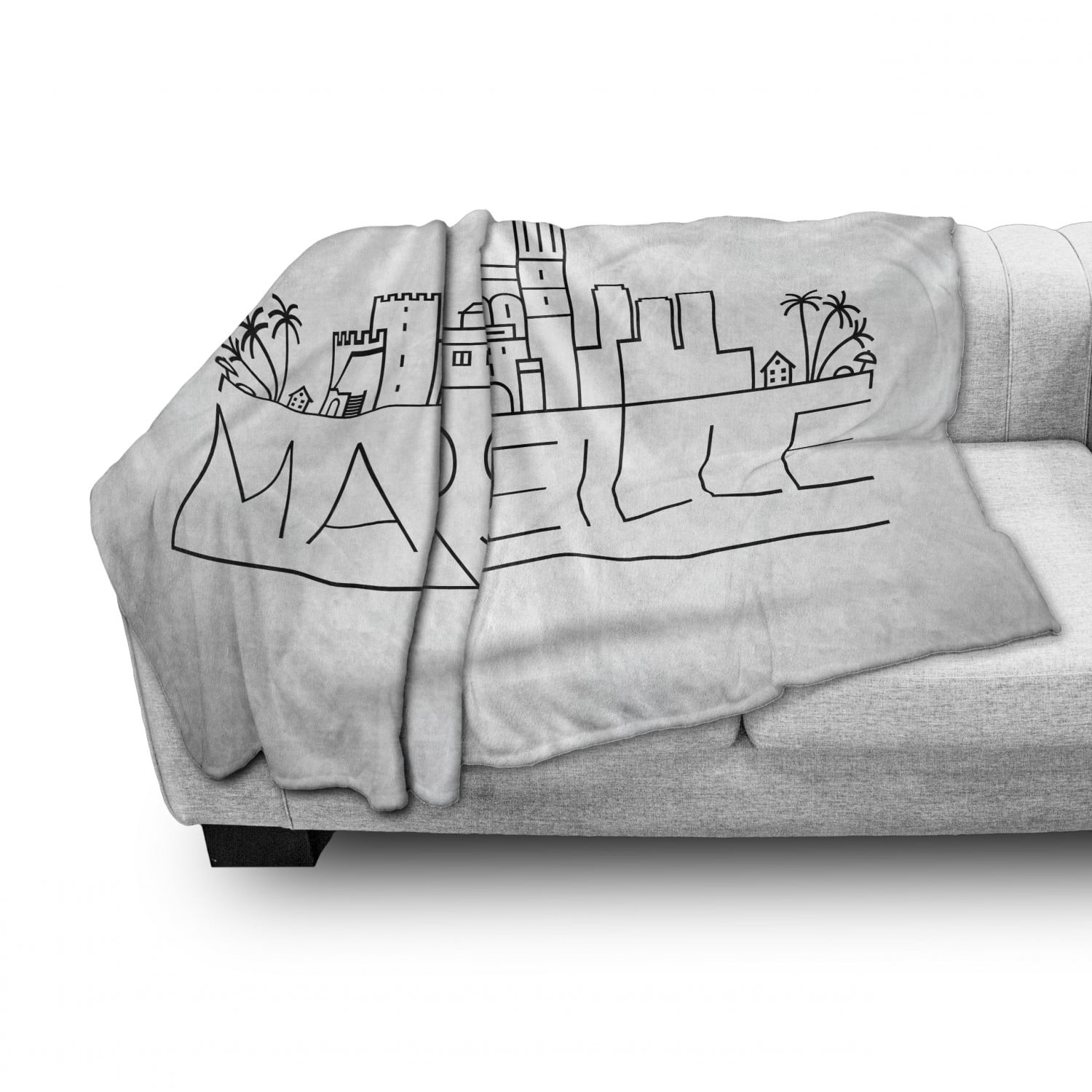 Linear Art Skyline Illustration of Marseille in Typographic Design White and Charcoal Grey Cozy Plush for Indoor and Outdoor Use Ambesonne France Soft Flannel Fleece Throw Blanket 50 x 70