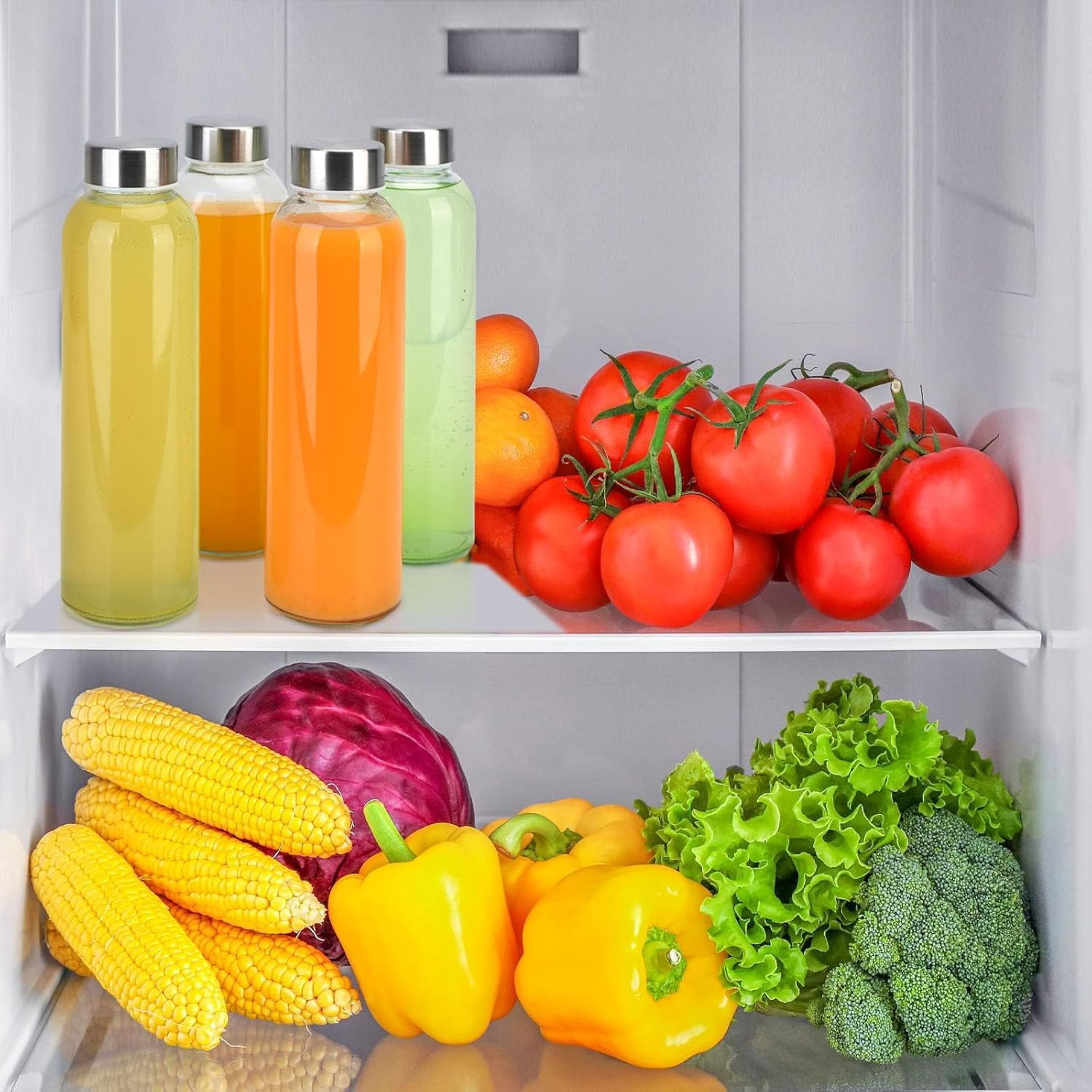 18oz Glass Juice Bottles with Lids Set of 6,Clear Glass Water Bottles,Reusable Drinking Bottles with Stainless Steel Airtight Cap,Storage Containers for Refrigerator-BPA Free,Leak Proof