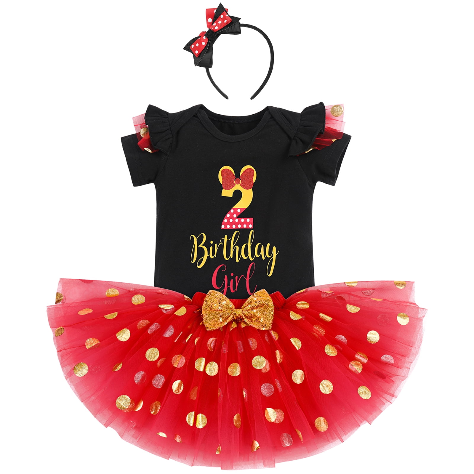 IBTOM CASTLE Toddler Girls 1st 2nd 3rd Birthday Outfit Princess Polka Dots Ruffle Tutu Skirt Mouse Headband Cake Smash Party Clothes Set 2 Years Black + Red