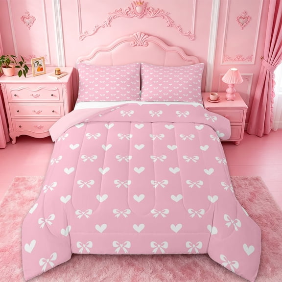 Manfei Pink Bow Heart Full Size Comforter Sets For Girls,Dreamy Princess Style Print Bedding Sets For Kids,Pink Reversible,3-Piece