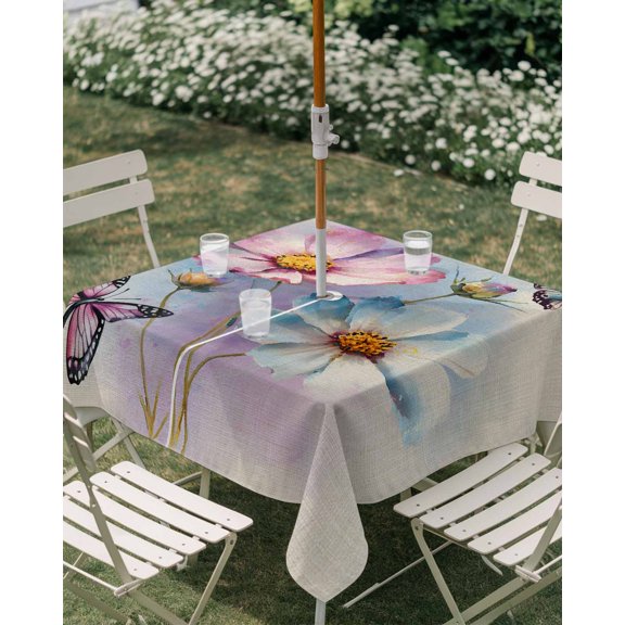 Outdoor Tablecloth with Umbrella Hole, Vintage White Pink Flowers Zippered Table Cloth for Rectangle Tables, Country Butterflies Floral Art Washable Waterproof Tablecloths for Picnic Patio Garden