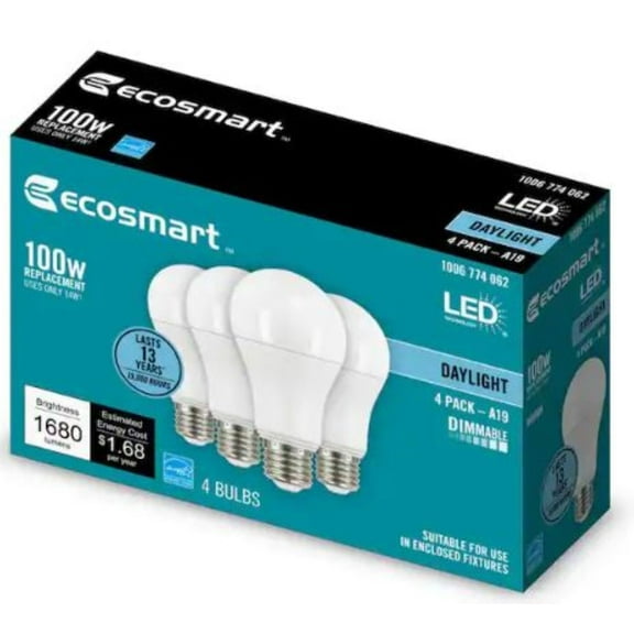 EcoSmart 100-Watt Equivalent A19 Medium Base Dimmable LED Light Bulb Daylight (4-Pack)