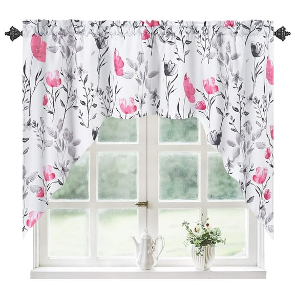 Alishomtll Modern Pink Floral Country Rod Pocket Light Filtering Kitchen Valances, 60" x 36"