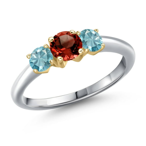 Gem Stone King 10K Two Tone Gold Red Garnet and Blue Zircon Engagement Ring for Women | 1.55 Cttw | Round 5MM | Gemstone January Birthstone | Size 5