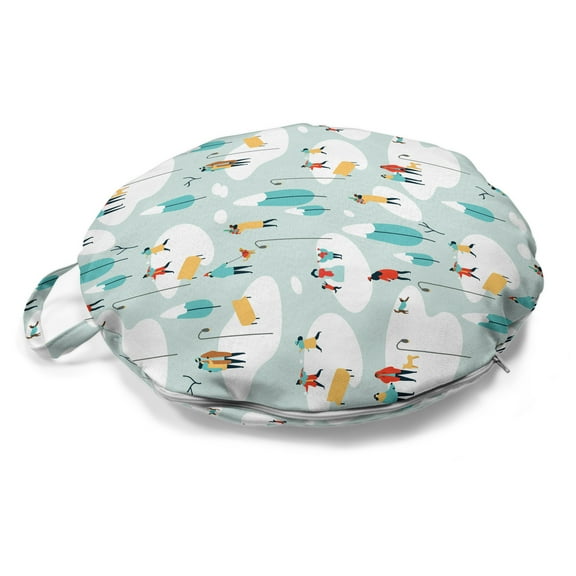 Winter Round Floor Cushion with Handle, Design of People in the Park During Christmas Season, Decorative Pillow for Living Room & Dorms, 18" Round, Seafoam Multicolor, by Ambesonne