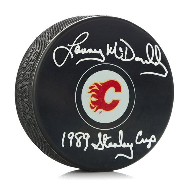 Lanny McDonald Rondelle de Hockey des Flames de Calgary Signée avec Note de la Coupe Stanley 1989