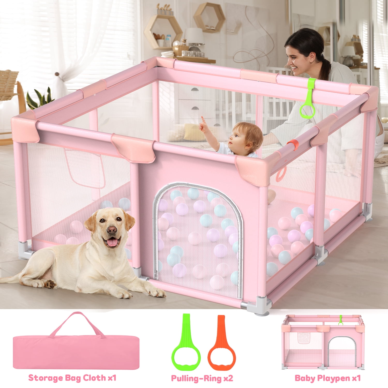 JoyStone Baby Playpen, 50 x 50 in, Non-Slip Base, Soft Mesh Sides, 2 Pull-up Rings, Carry Bag, Pink