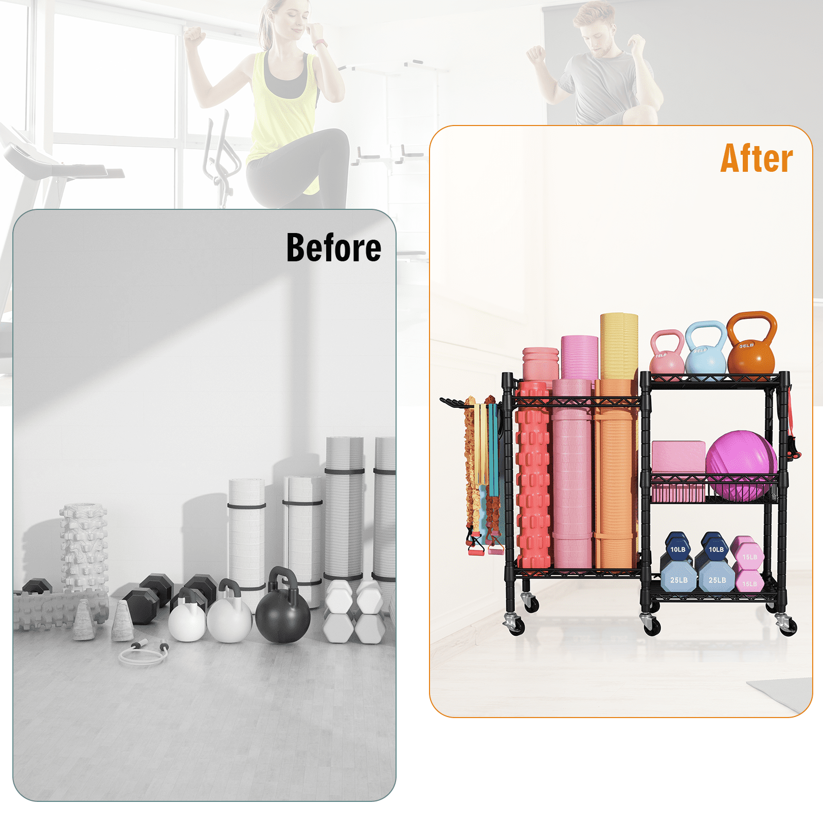 FUTASSI Home Gym Storage, 3 Tiers Workout Equipment Organizer with Wheels for Yoga Mats, Foam Roller, Dumbbells, Kettlebells, and Resistance Bands