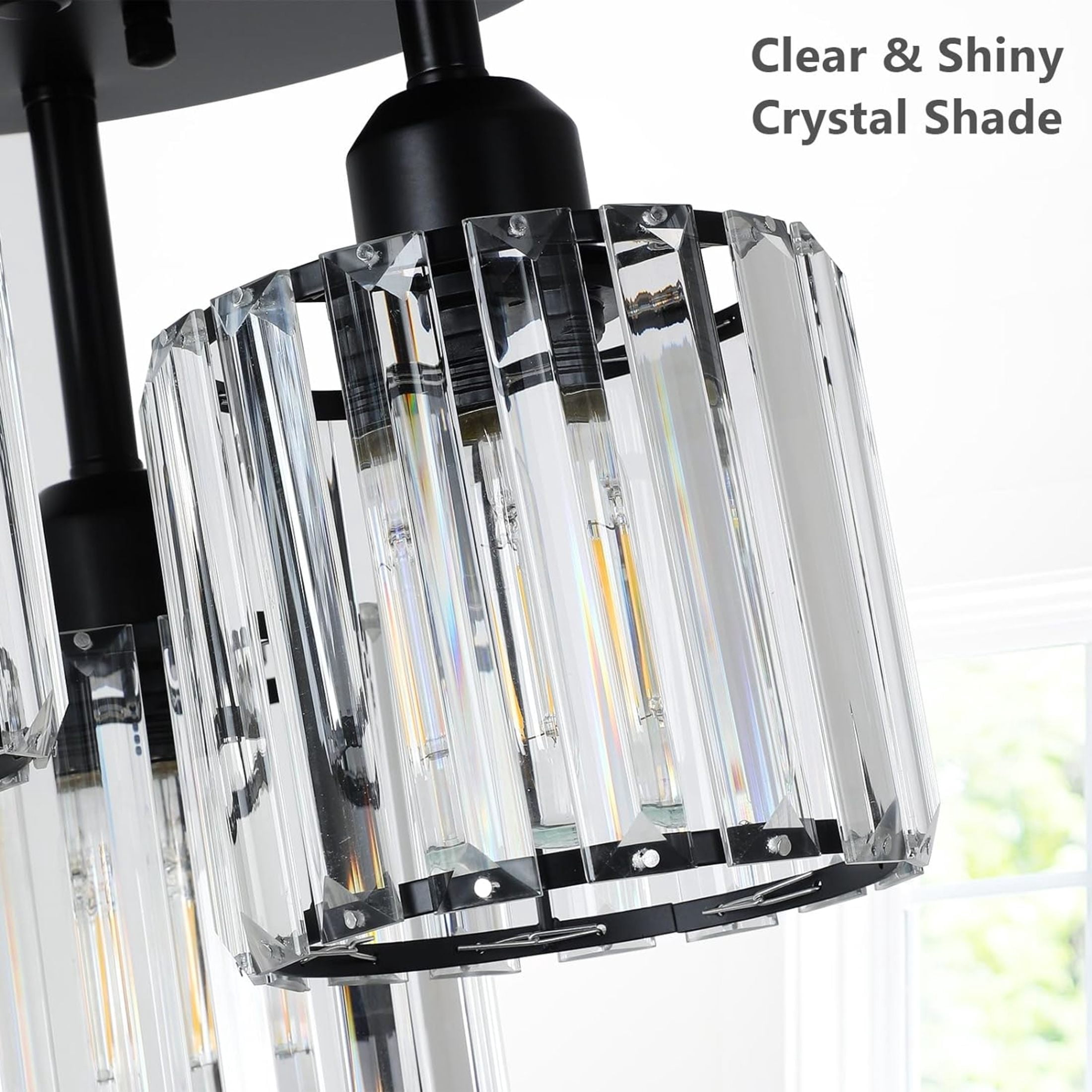 Noble House 13" Crystal Semi-Flush Ceiling Light, Modern Metal Frame, 3-Light E26, Clear Crystal Shade, Black