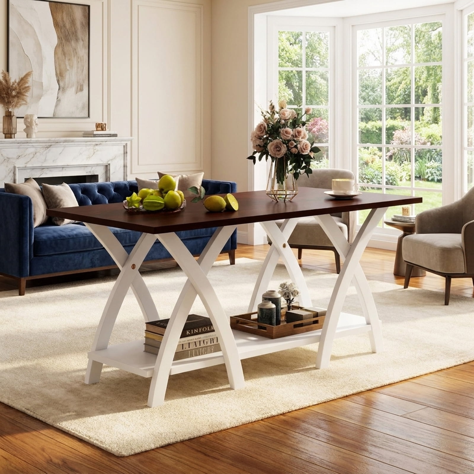 Furnibear 40 Inch Farmhouse Wooden 2-Tier Coffee Table with Storage Shelf for Living Room - Walnut - Living Room Cocktail Center Table