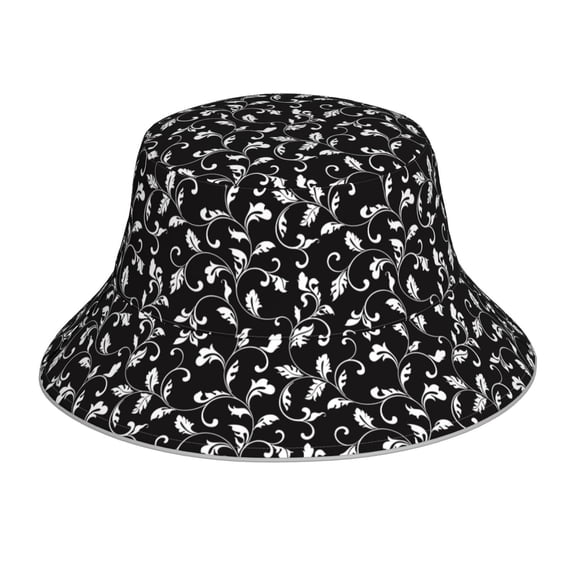 Vsdgher Black White Leaves Print Bucket Hat for Men&Women Bucket Hat Reversible Summer Double-Side-Wear Travel Gardening, Beach, Camping, Hiking, Fishing Cap