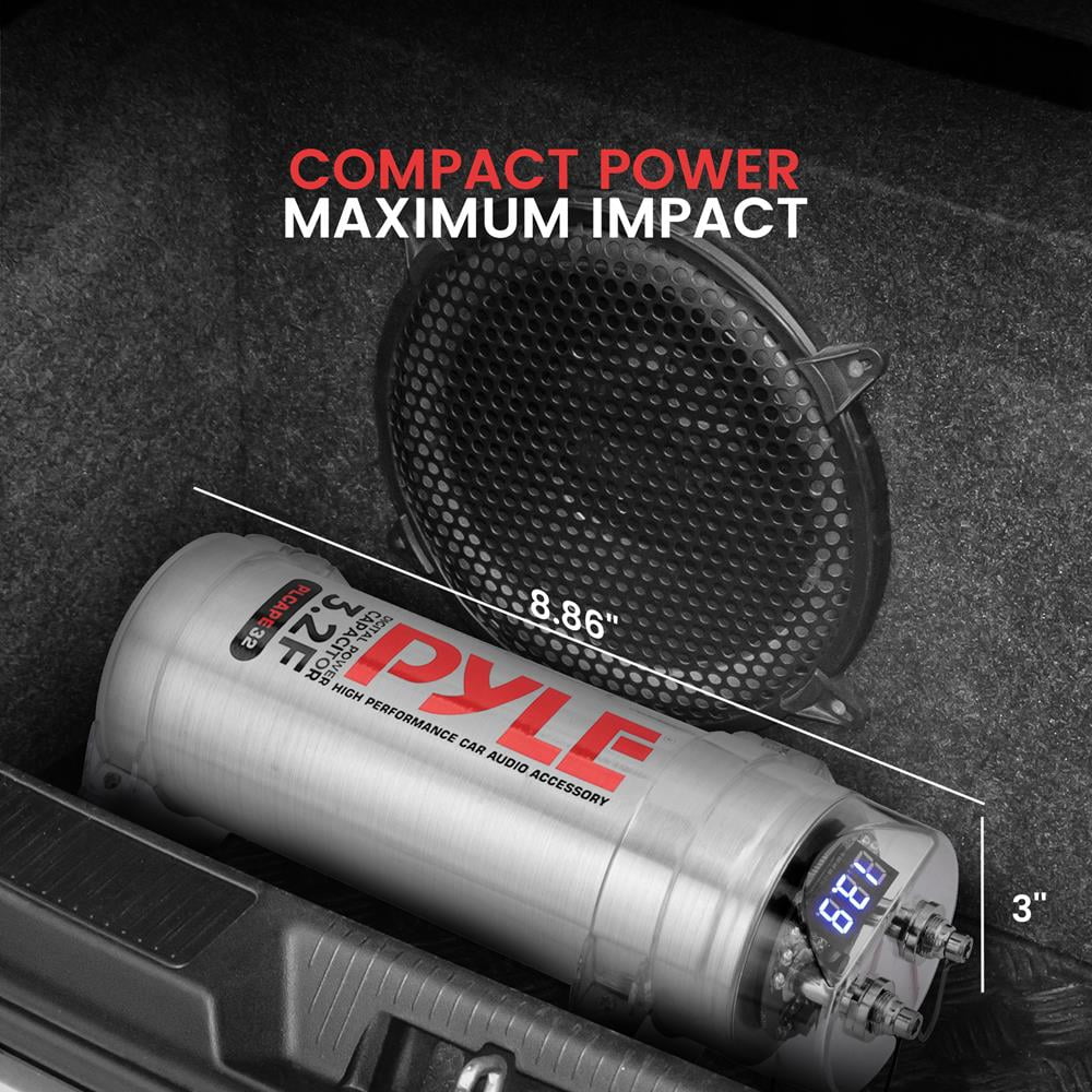 Pyle 3.2 Farad Digital Power Capacitor for Car Audio, LED Voltage Display, Electronic Polarity & Over-Voltage Protection, Includes Mounting Hardware and Post Kits (2.9" x 9.7")