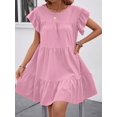 thumbnail image 3 of Pink Solid Ruffle Hem Smock Dress With Flutter Sleeves For Casual Holiday Wear, 3 of 6