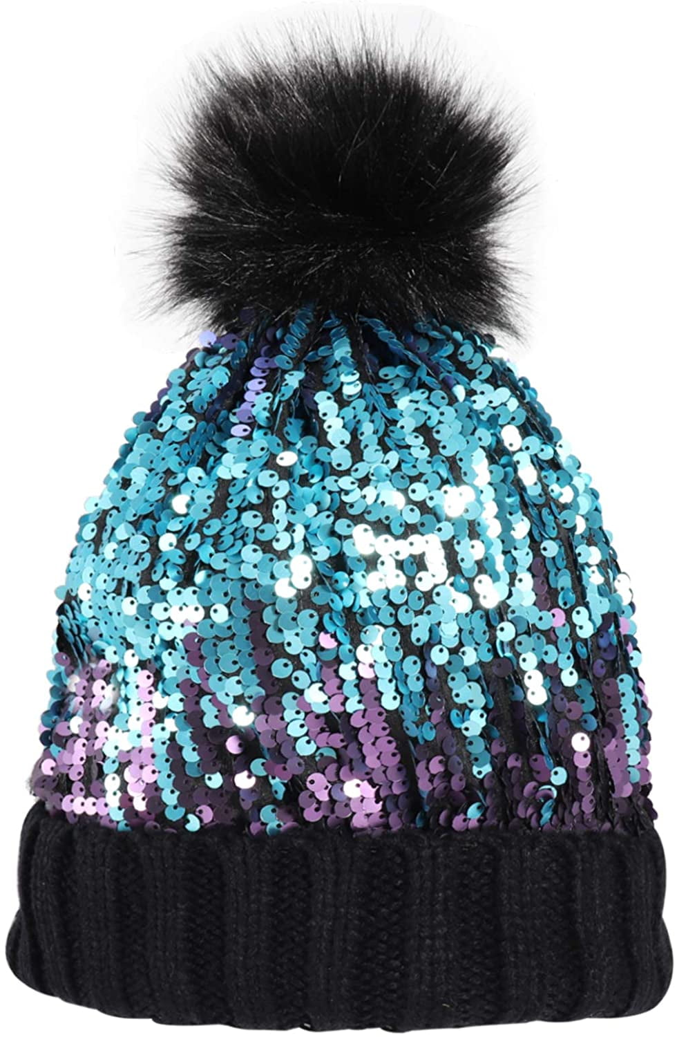 Faux Fur Pom-Pom Shiny Bling Skull Cap 