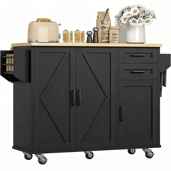 VVFLU 43.3" Kitchen Islands Carts with Storage Drop Leaf Countertop on Wheels Rolling Microwave Utility Carts with 2 Drawers 2 Storage Cabinets,Black