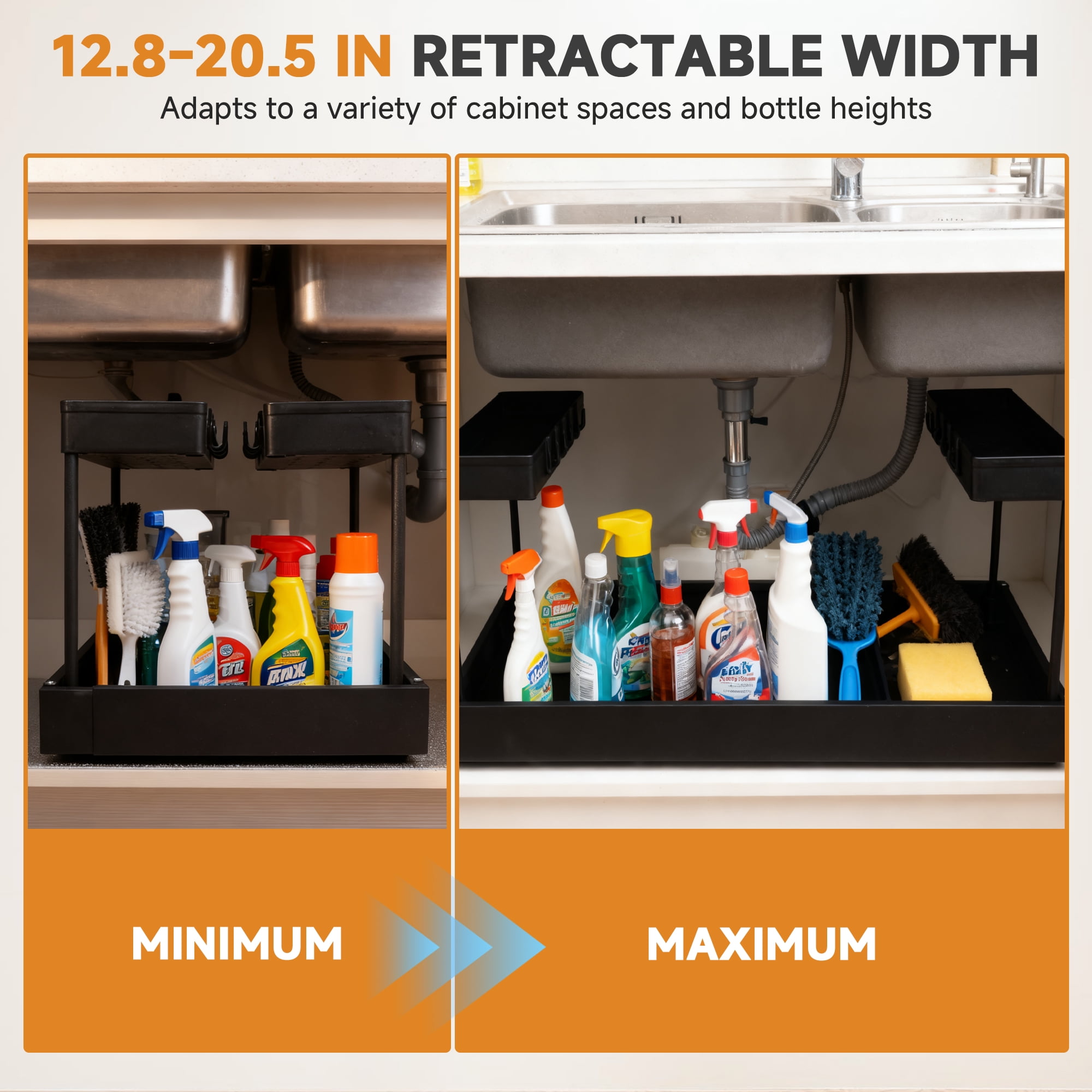 Under Sink Organizer Storage, 2 Tier U-Shape Expandable Multi-Purpose Large Capacity Kitchen Under Sink Organizers for Narrow Space Easy Access Sliding Storage Drawer with Hooks (Black)