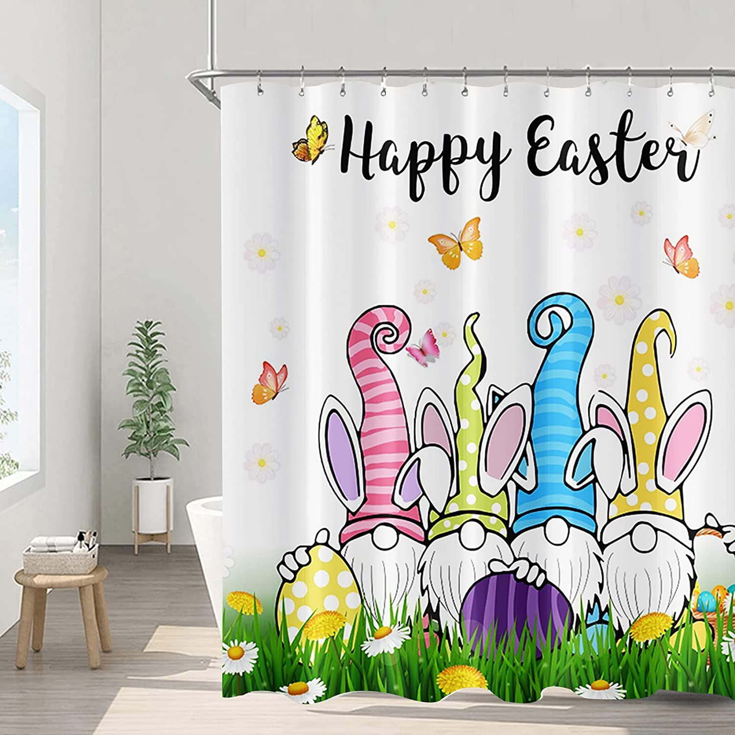 JOOCAR Easter Shower Curtain, Happy Easter Egg Gnome Friends Meadow ...