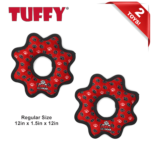TUFFY® Ultimate Gear Ring Red Paw, 2-Pack, Durable Plush Squeaky Dog Toys