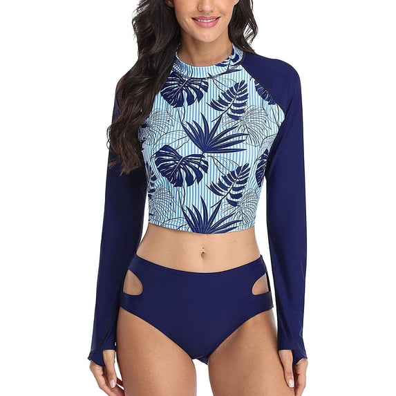 Alove Women's Two Piece Rash Guard Long Sleeve Swimsuit Sun Protection Crop Swim Tops with Bottoms UPF 50+ Bathing Suit