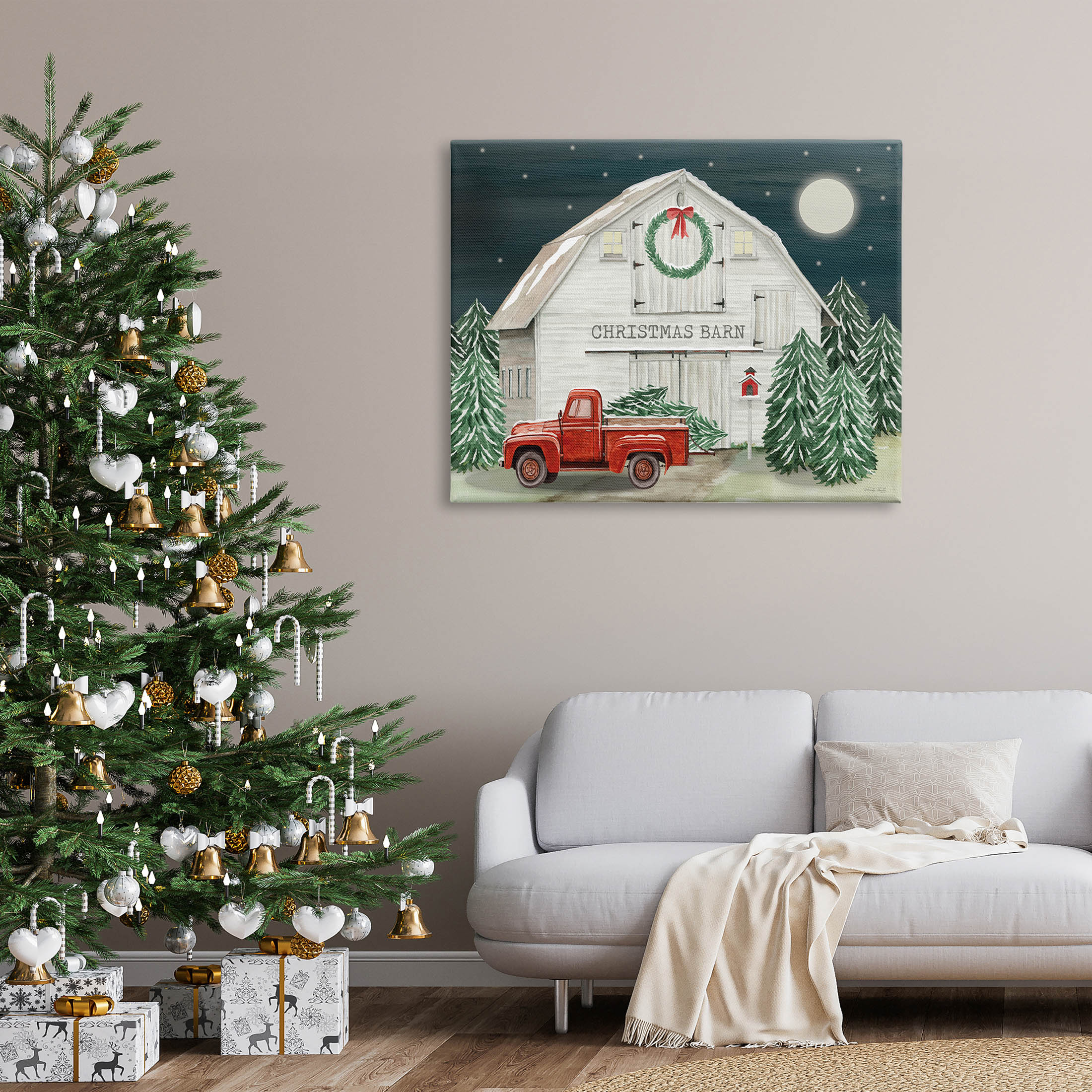 Nighttime Christmas Barn Farm Holiday Graphic Art Gallery Wrapped Canvas Print Wall Art