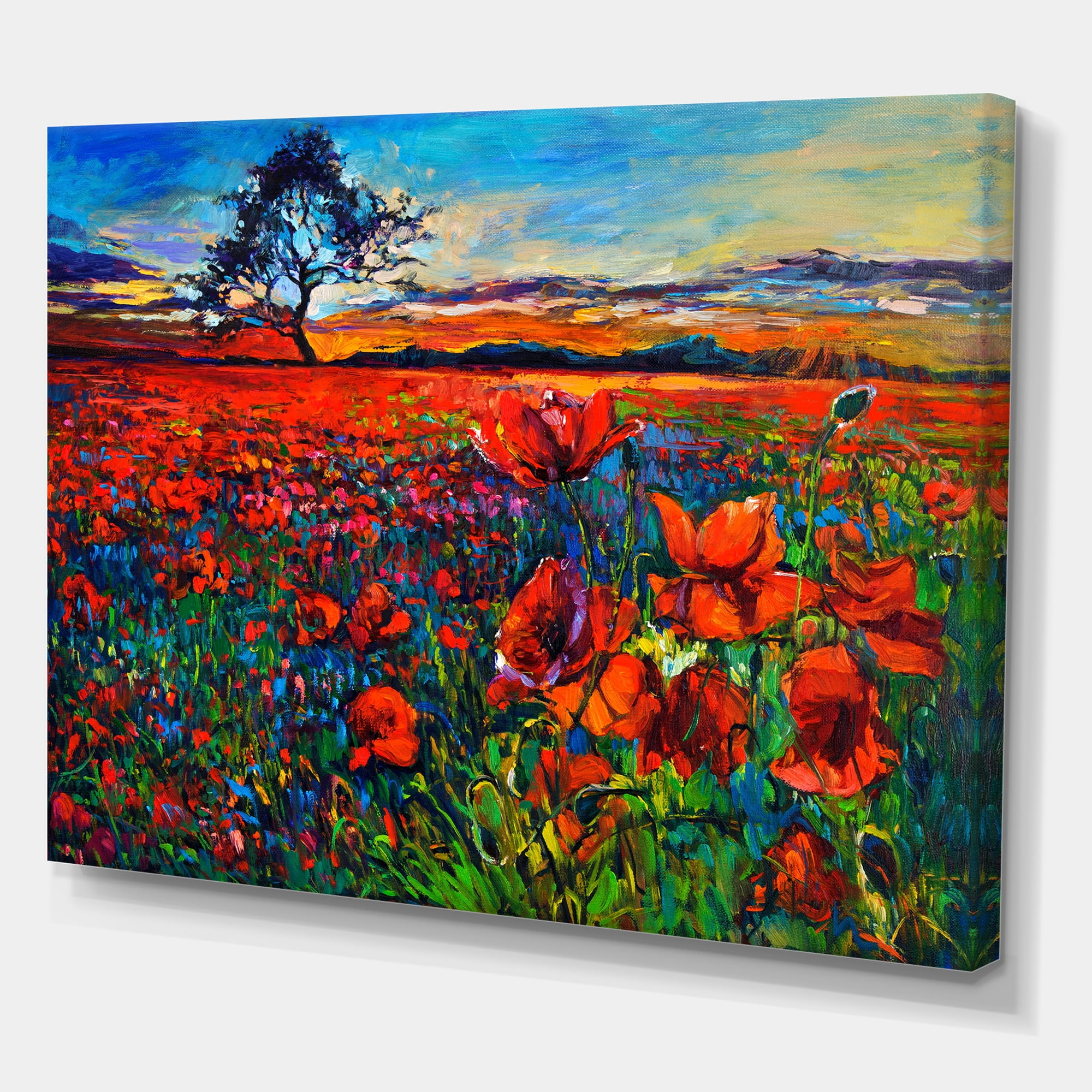 Designart ' Blossoming Red Poppy Fields With Distant Tree ' Traditional Canvas Wall Art Print