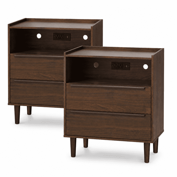 YAURA Mid-Century Modern Nightstands Set of 2 with Charging Station, 26" Tall Wood Bedside Tables with Tray Top, USB & Type-C Ports, 2 Drawers and Open Shelf for Bedroom or Living Room, Walnut
