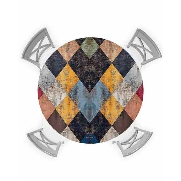 nqOlkjepod Colorful Geometric Round Tablecloth, Fitted Table Cover with Elastic for 36"-44" Round Tables, Modern Vintage Abstract Color Block Table Cloth Outdoor Dinning Party Waterproof Tablecloths