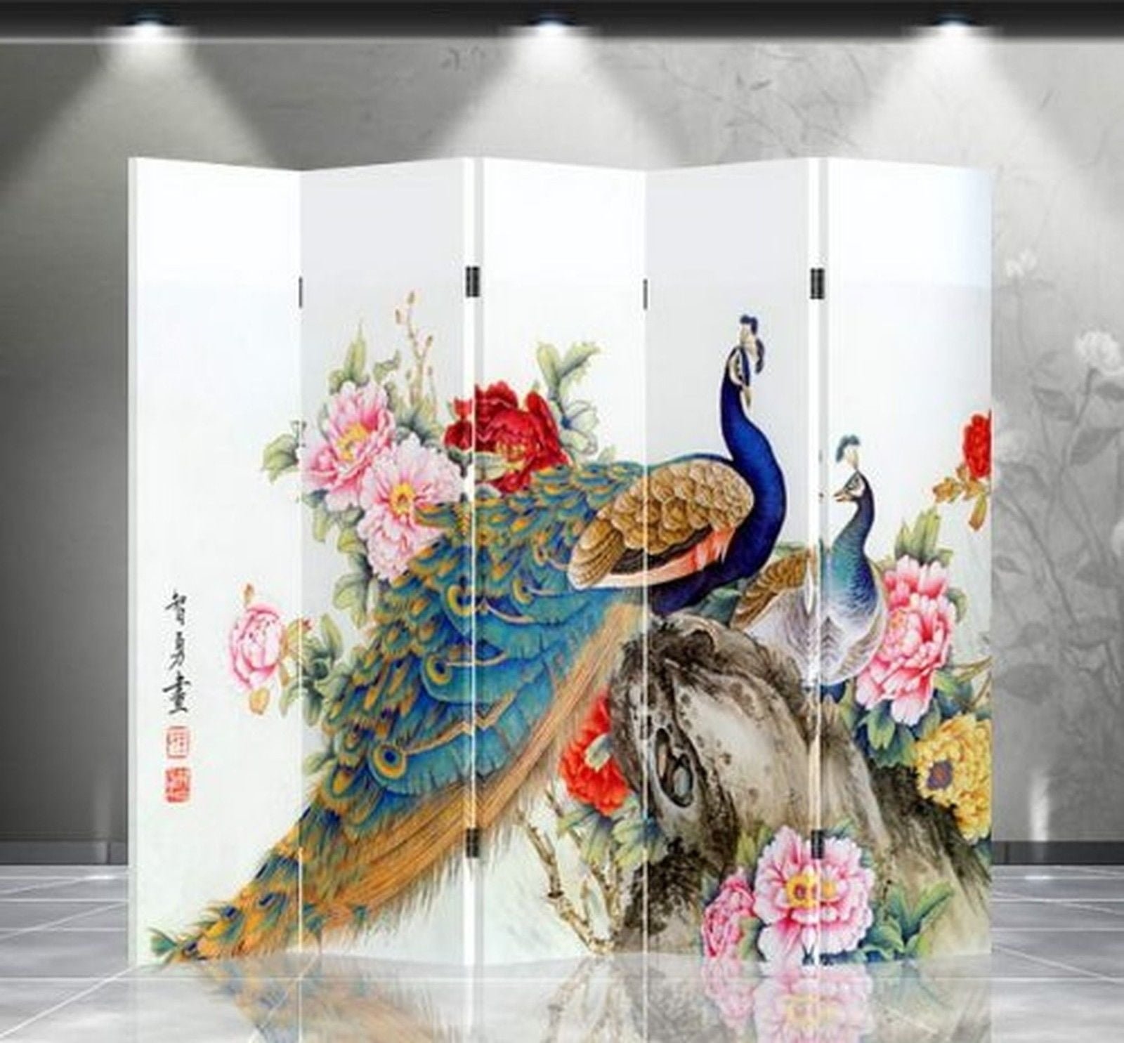 Double Sided Canvas Screen Room Divider Double Peacocks