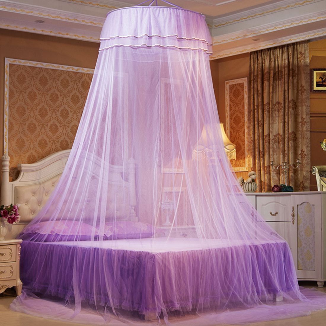 Elegant Lace Hanging Bedding Mosquito Net Dome Top Princess Bed Canopy