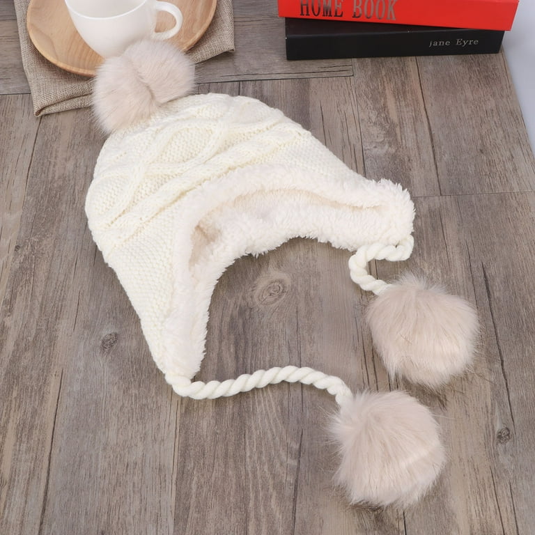 Winter Warm Knit Wool Hat Dual Ball Ear Flap with Pom S White
