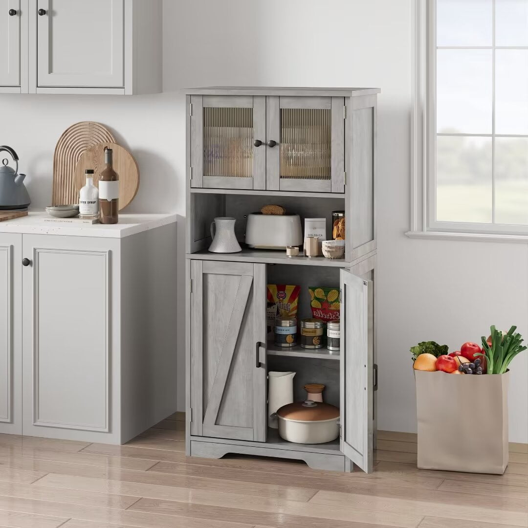 50" Kitchen Pantry Storage Cabinet with Glass Doors & Adjustable Shelves, Wooden Storage Cabinet for Kitchen Bathroom Living Room, Gray