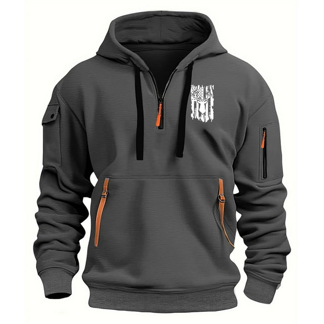 Lovzfmll Chandail à Capuche Imprimé Printemps Automne pour Hommes, Chandail à Capuche Multi-Poches avec Fermeture Éclair, Style Décontracté Gris Foncé, L