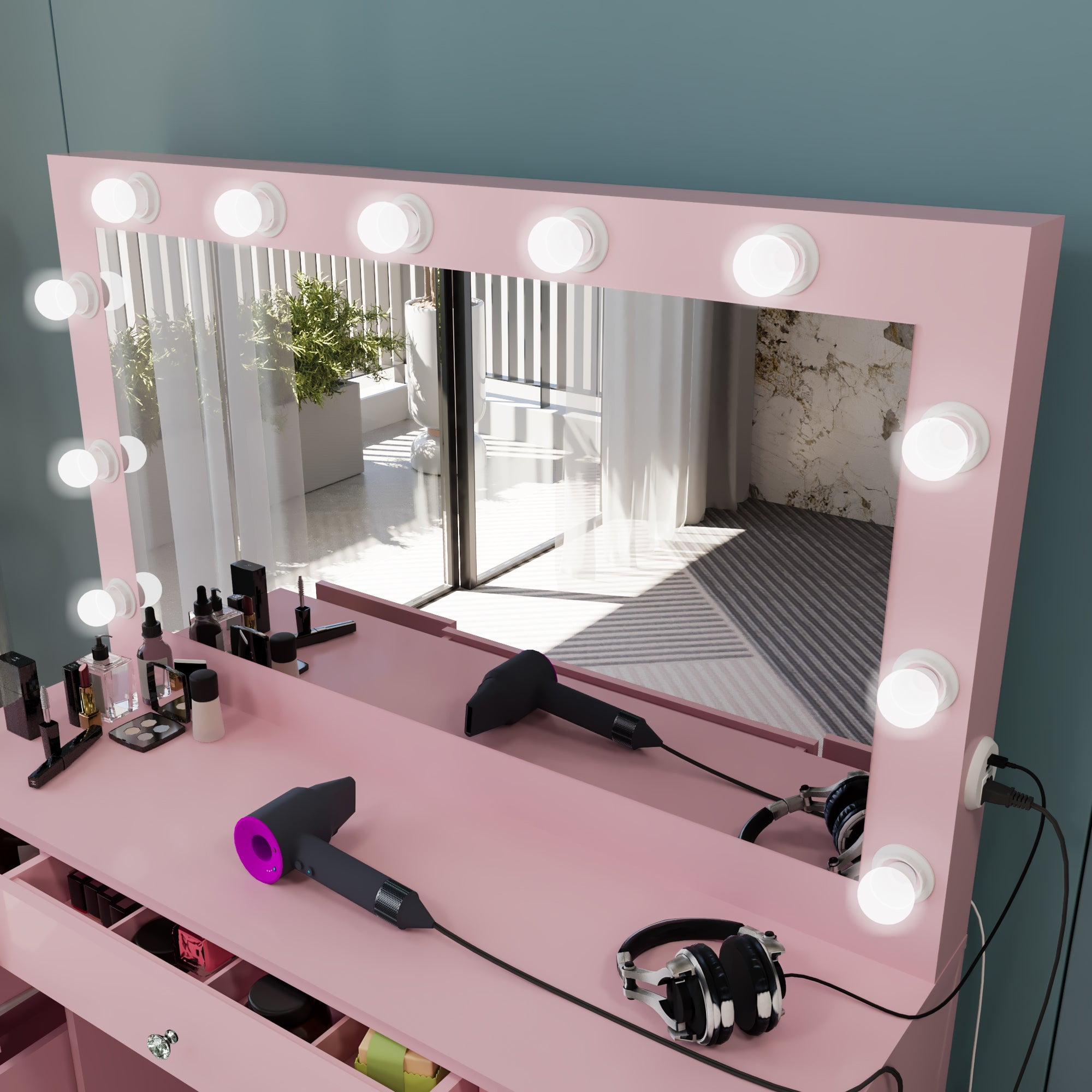 Ember Interiors Tammy Modern Large Pink Makeup Vanity Desk with Built-in Lights, Power Outlet with USB Type-C, 7 Drawers and Crystal Knobs