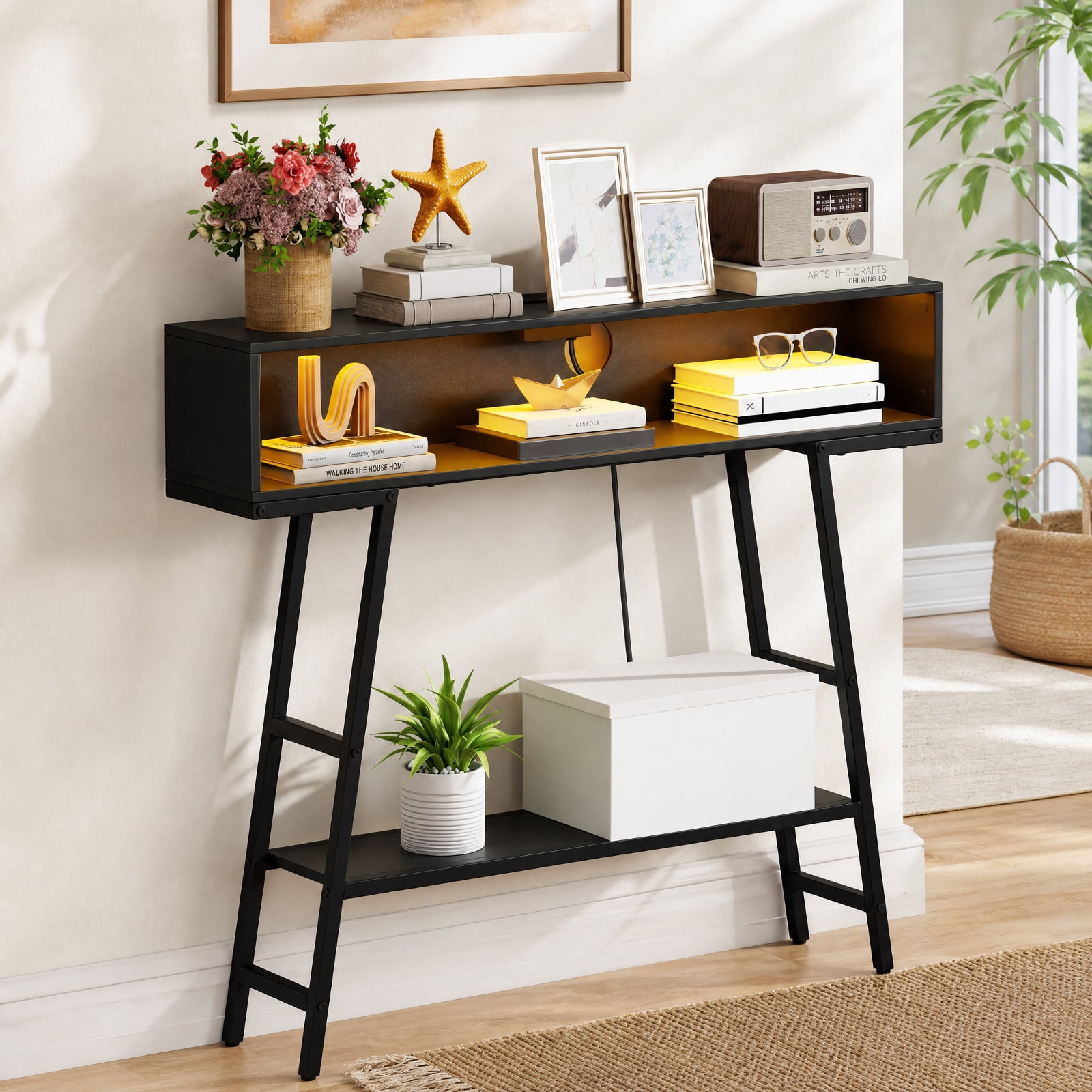 Furnibear 40 Inch Console Table with Charging Station USB Type-C AC Outlets and RGB LED Lights for Entryway Living Room and Behind Sofa, Black