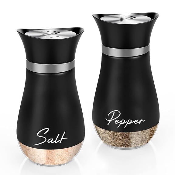 PANGTON VILLA 4 oz Pour Spout Glass and Stainless Steel Black Salt and Pepper Shakers Set 2 Pack,Stainless Steel Salt and Pepper Shaker Set with Glass Bottom, Perforated "S" and "P" Caps - Modern Kit